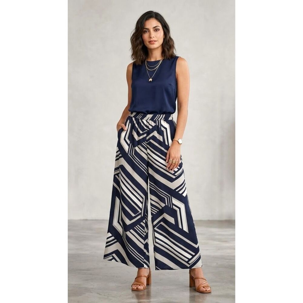 Trendy Woman's Palazzo Pants Size L Geometric Wide Legs USA Made Black White